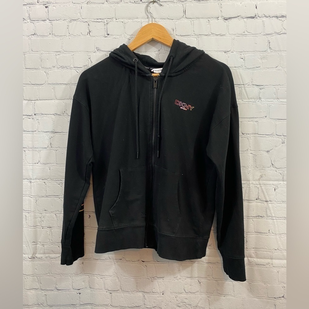 DKNY SPORT WOMENS SIZE SMALL BLACK FULL ZIP UP DRAWSTRING HOODIE
